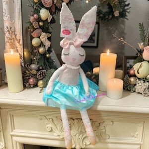 27" Easter Bunny Shelf Sitter Ballerina Rabbit Doll Bow Pearl Necklace Sequins